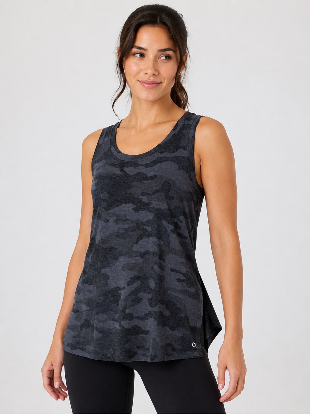 GapFit Breathe Women’s XS Gray Camo Open Back Workout Tank Top Activewear